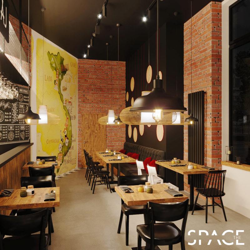 Nocny widok na wnętrze restauracji Witaj